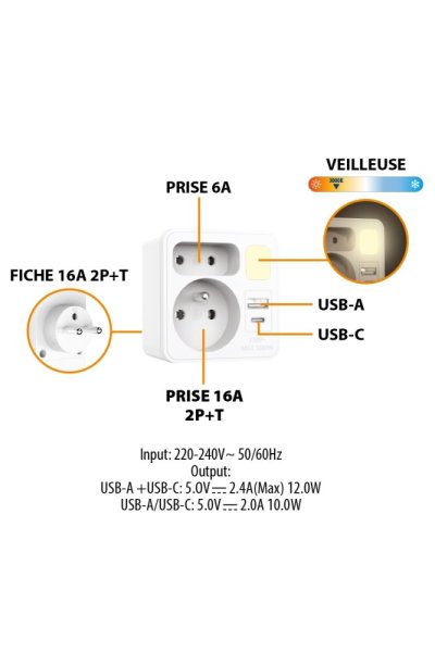 VELAMP zásuvková rozdvojka ADAT-FR-12 s USB-A+C a světlem