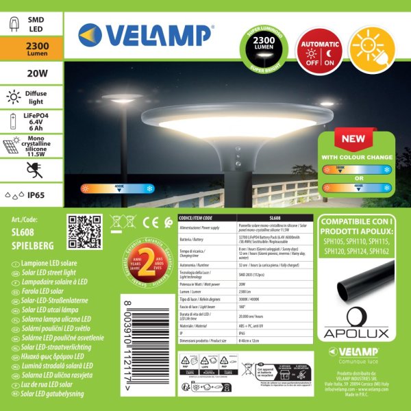 VELAMP Solárna lampa SL608 20W, 2300Lm