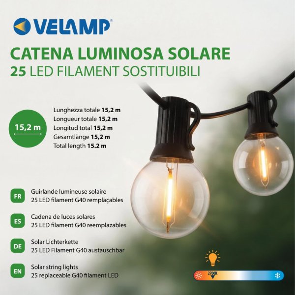 VELAMP LED světelný řetěz PS072S se solárním nabíjením, 15m