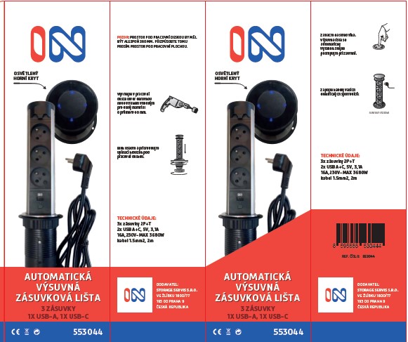 Automatická výsuvná lišta N 553044, 3 zásuvky, USB A + C