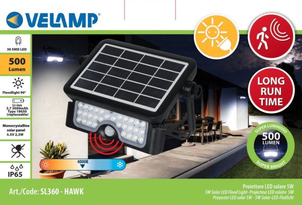 VELAMP LED reflektor SL360 so solárnym nabíjaním, detektor pohybu