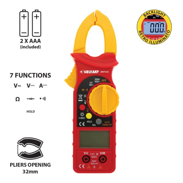VELAMP DMT722C klešťový multimetr 7v1, CAT III