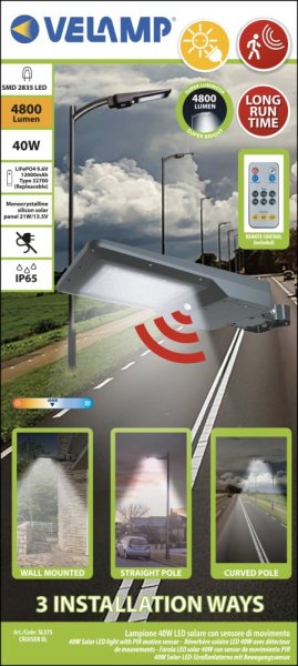 VELAMP LED reflektor SL375 so solárnym nabíjaním, detektor pohybu