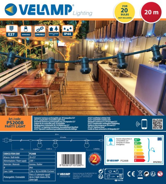 VELAMP Vonkajšia svetelná reťaz PS200B s 20 objímkami, 20m