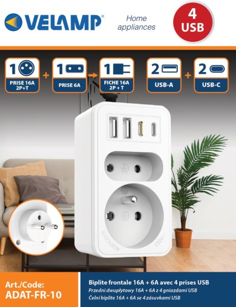 VELAMP zásuvková rozdvojka ADAT-FR-10 s USB-A+C