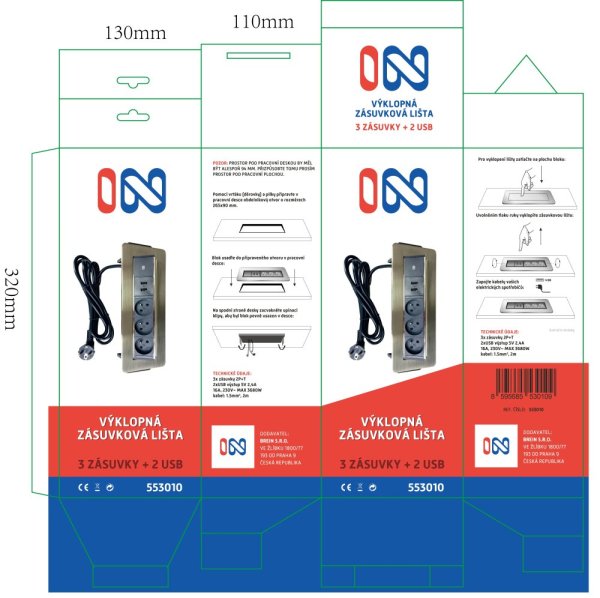 Výklopná lišta IN 553010 , 3 zásuvky + 2 USB