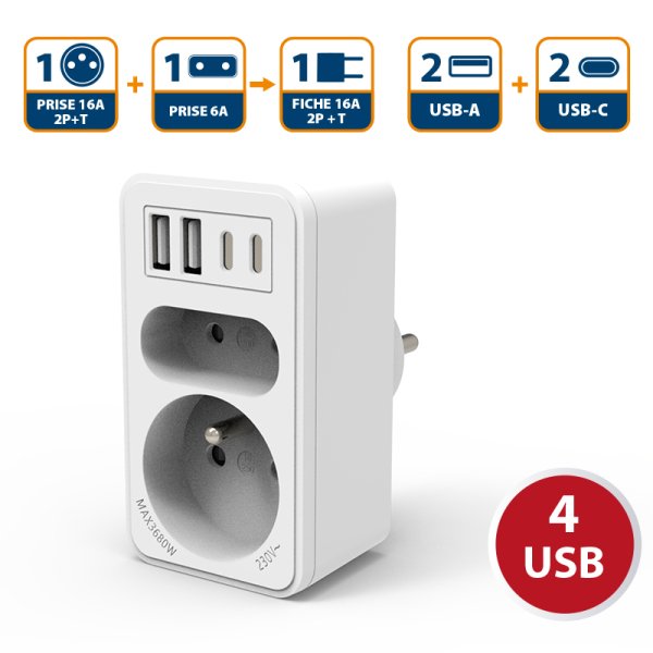 VELAMP zásuvková rozdvojka ADAT-FR-10 s USB-A+C