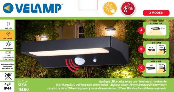 VELAMP LED solárne svetlo SL238 so senzorom