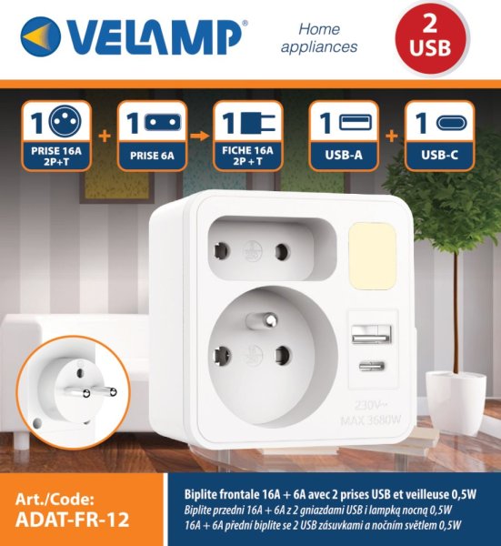 VELAMP zásuvková rozdvojka ADAT-FR-12 s USB-A+C a světlem