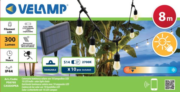 VELAMP LED svetelná reťaz PS070S so solárnym nabíjaním, 8m