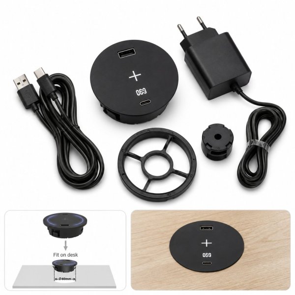 Zapuštěná lišta IN 553043, Qi nabíjení, USB A + C