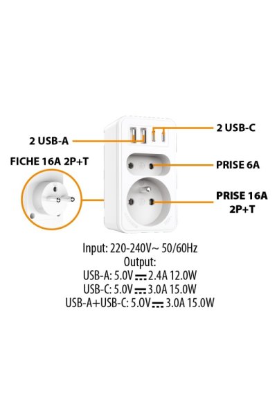 VELAMP zásuvková rozdvojka ADAT-FR-10 s USB-A+C