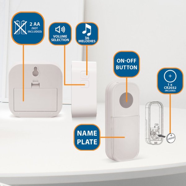 VELAMP DOM003 Bezdrôtový zvonček na batérie, 150m, 36 melódií