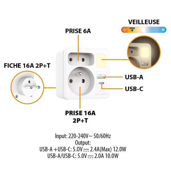 VELAMP zásuvková rozdvojka ADAT-FR-12 s USB-A+C a světlem