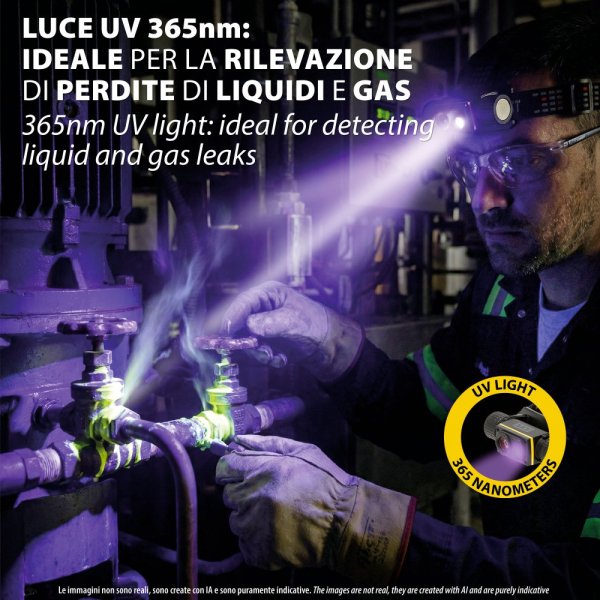 VELAMP ST216, Nabíjateľná čelovka 15 W / 1500 lúmenov s UV svetlom 365 nm a magnetom, čierna