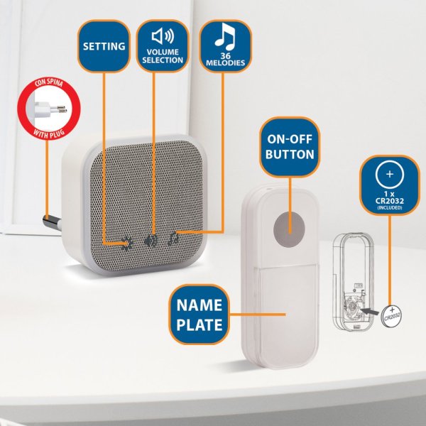 VELAMP DOM052 Sada 2 zvonků do zásuvky,150m,36 melodií