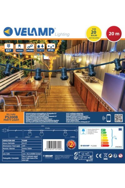 VELAMP Venkovní světelný řetěz PS200B s 20 objímkami, 20m