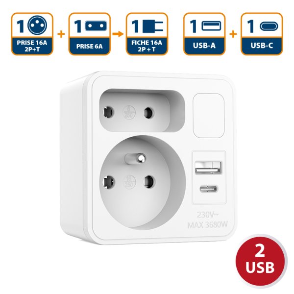 VELAMP zásuvková rozdvojka ADAT-FR-12 s USB-A+C a světlem