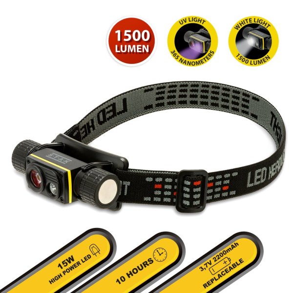 VELAMP ST216, Nabíjateľná čelovka 15 W / 1500 lúmenov s UV svetlom 365 nm a magnetom, čierna