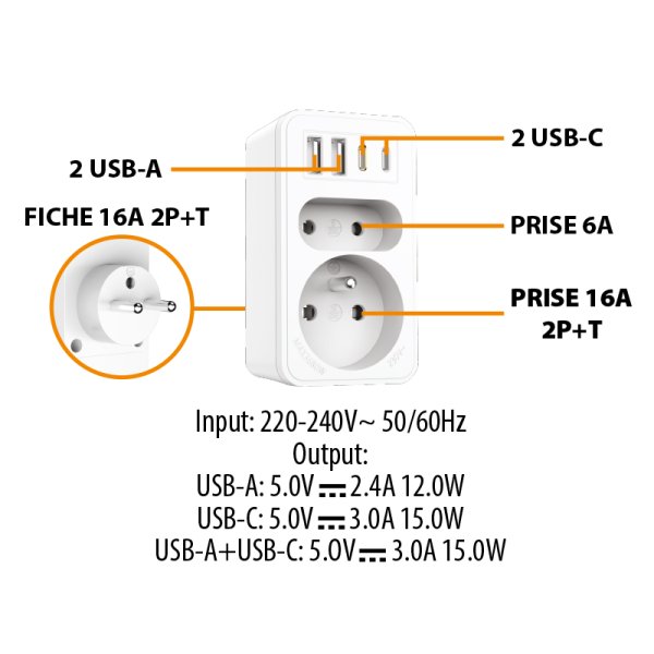 VELAMP zásuvková rozdvojka ADAT-FR-10 s USB-A+C