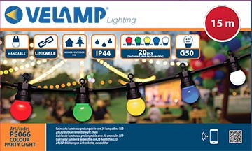 VELAMP Vonkajšia svetelná reťaz PS066 s 20 farebnými žiarovkami