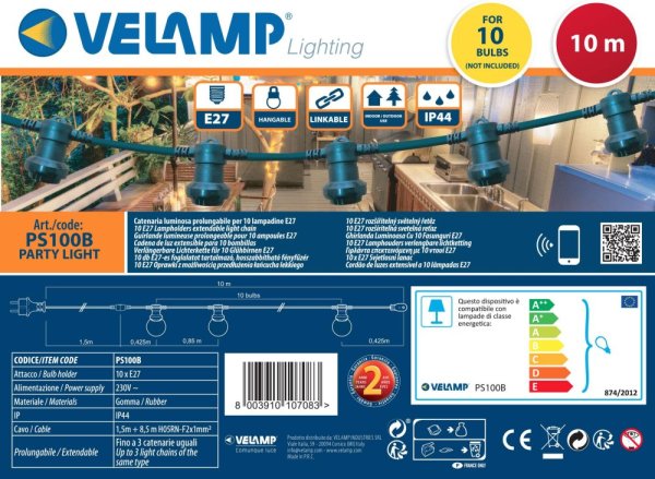 VELAMP Venkovní světelný řetěz PS100B s 10 objímkami, 10m
