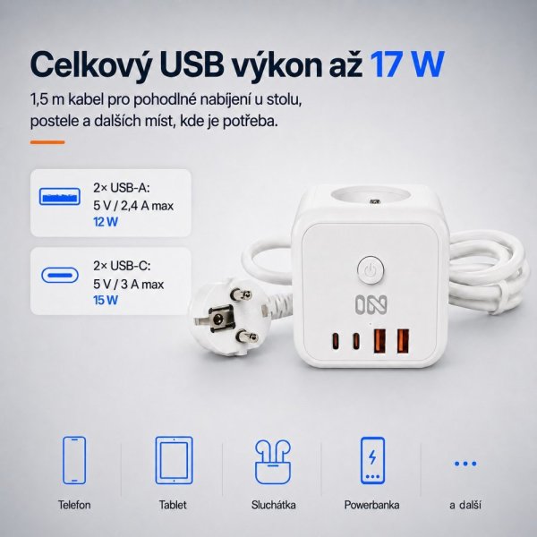 IN Predlžovací kábel CUBE s USB nabíjaním (553062)