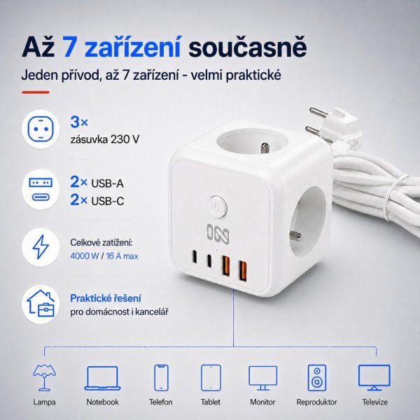 IN Predlžovací kábel CUBE s USB nabíjaním (553062)